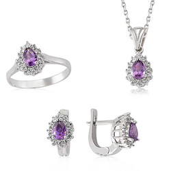 Silver Drop Model Purple Stone Women's Ring Necklace Earring Set - Anatolia Brands