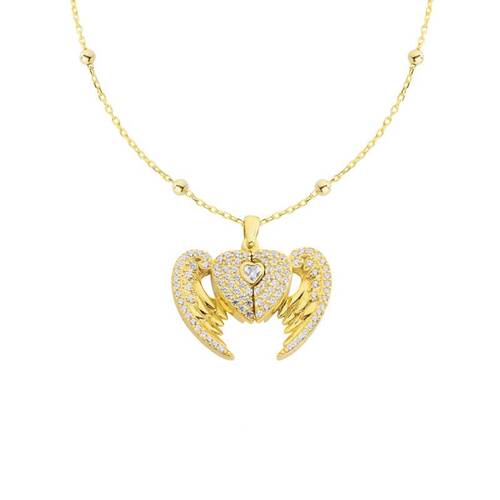 Silver Necklace with Angel Wings and Name Heart - 1