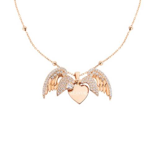 Silver Necklace with Angel Wings and Name Heart - 1